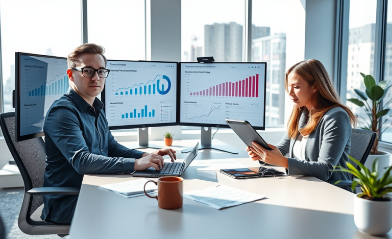 Consultor SEO profesional asesorando a cliente en oficina moderna para captar leads en apps de citas y mejorar resultados