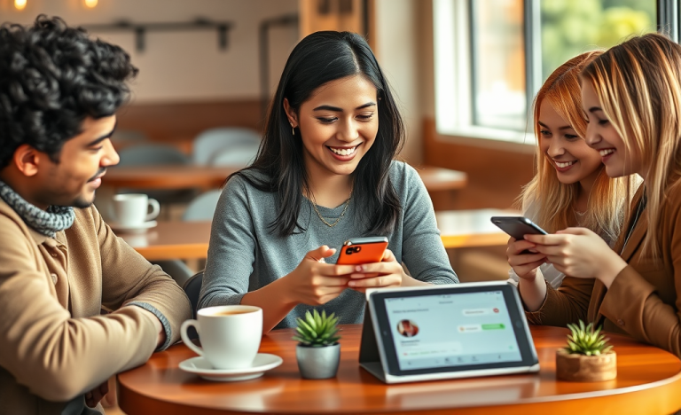 Jóvenes interactuando con apps de citas en un café moderno para mejorar sus conversaciones y resultados amorosos