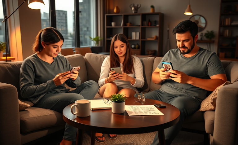 Jóvenes usando apps de citas en un lounge moderno, enfocándose en evitar errores para conseguir mejores matches