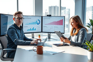 Consultor SEO profesional asesorando a cliente en oficina moderna para captar leads en apps de citas y mejorar resultados