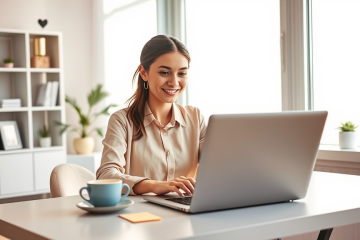 Mujer joven trabajando en la optimización de su perfil de amor en portátil, en un espacio moderno y bien iluminado