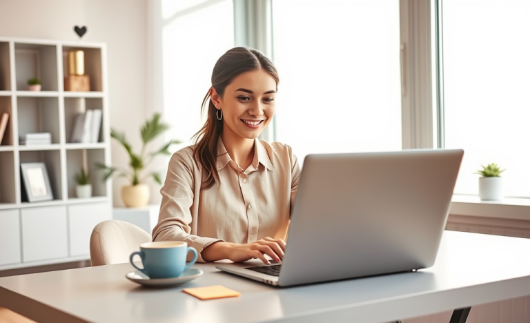 Mujer joven trabajando en la optimización de su perfil de amor en portátil, en un espacio moderno y bien iluminado