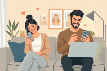 Joven pareja interactuando con sus teléfonos en un ambiente moderno, mejorando su perfil para conseguir más matches en apps de citas