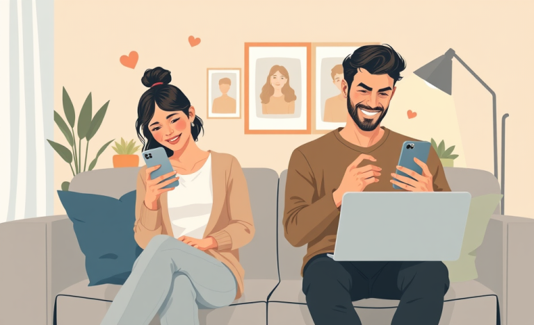 Joven pareja interactuando con sus teléfonos en un ambiente moderno, mejorando su perfil para conseguir más matches en apps de citas