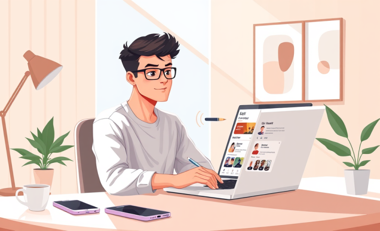 Persona optimizando perfil de citas en oficina moderna con luz natural para mejorar visibilidad y destacar en técnicas de seducción