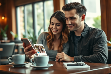 Pareja joven usando una app de citas en un café acogedor para evitar errores y mejorar resultados en la búsqueda de pareja