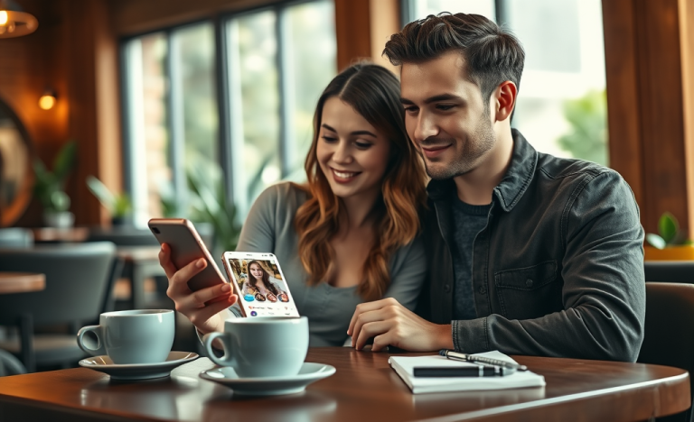 Pareja joven usando una app de citas en un café acogedor para evitar errores y mejorar resultados en la búsqueda de pareja
