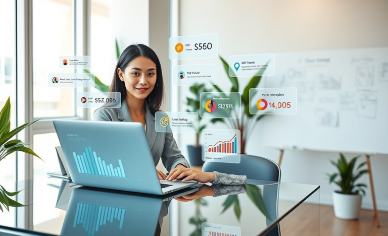 Profesional optimizando contenidos SEO en oficina moderna para apps de citas, con gráficos de interacción y pantallas flotantes
