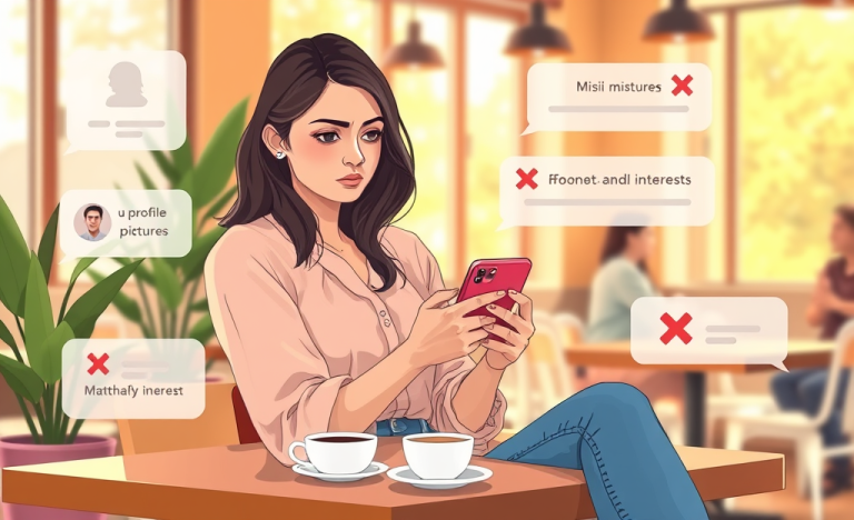 Joven usando una app de citas en un café, mostrando errores comunes que causan perder matches en apps de citas