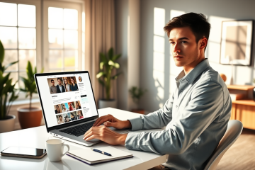Joven en oficina moderna optimizando perfil en laptop para más likes evitando errores, en ambiente iluminado y profesional