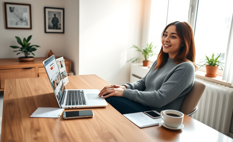 Mujer joven en oficina hogareña optimizando su perfil de citas en laptop para mejorar matches rápidamente