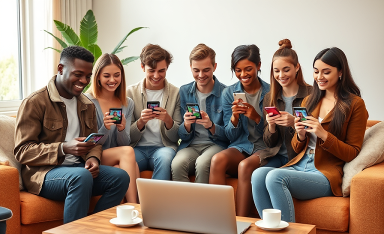 Grupo diverso de jóvenes usando apps de citas en smartphones en una sala moderna para mejorar match y obtener mejores resultados