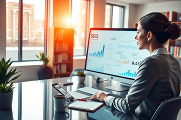 Mujer profesional en oficina moderna optimizando perfil SEO para atraer más clics y mejores leads en marketing digital