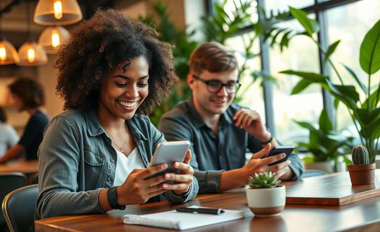 Jóvenes usando apps de citas en un café moderno para mejorar sus matches y conversación con ambiente cálido y natural
