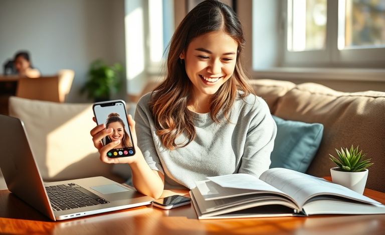 Joven mujer revisando perfil optimizado en app de citas desde su smartphone en sala moderna y acogedora