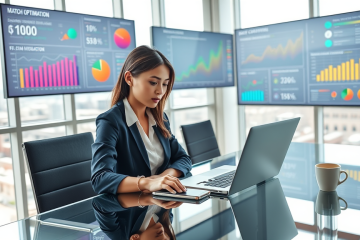 Profesional trabajando en oficina moderna con gráficos de optimización SEO para mejorar resultados y eCPM en laptop