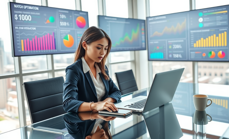 Profesional trabajando en oficina moderna con gráficos de optimización SEO para mejorar resultados y eCPM en laptop